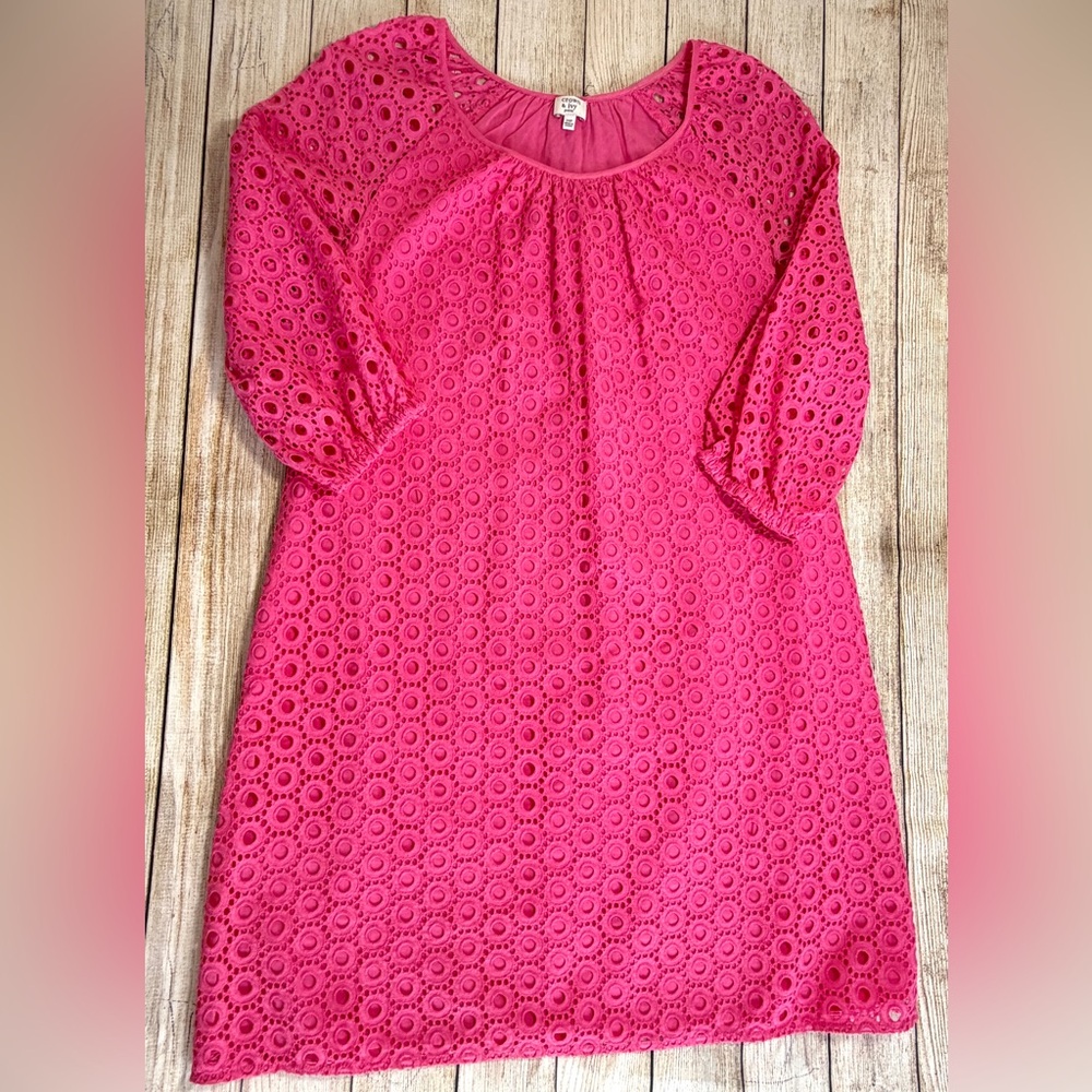Crown & Ivy Hot Pink Eyelet Shift Dress Size 10P Cottagecore 3/4 Kentucky Derby - Picture 5 of 10